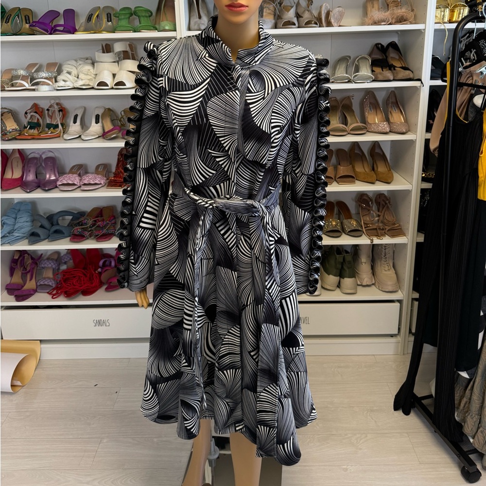 ABSTRACT PRINT BELTED LONG SLEEVE MIDI DRESS BY AKIRA